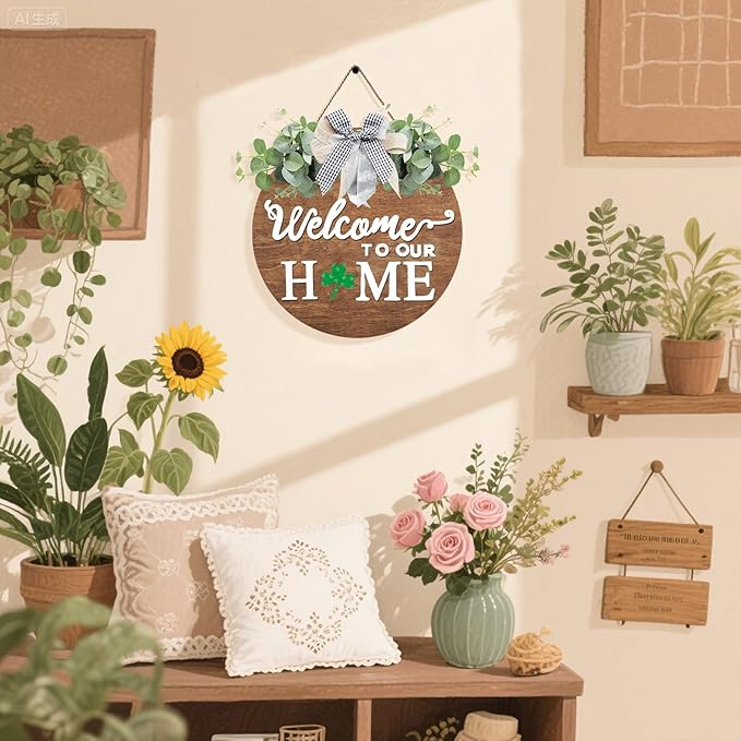 Interchangeable Welcome Sign for Front Door Decoration Rustic Round Wood Wreaths Wall Hanging Farmhouse Porch Decoration Seasonal Wooden Home Sign Home Decoration
