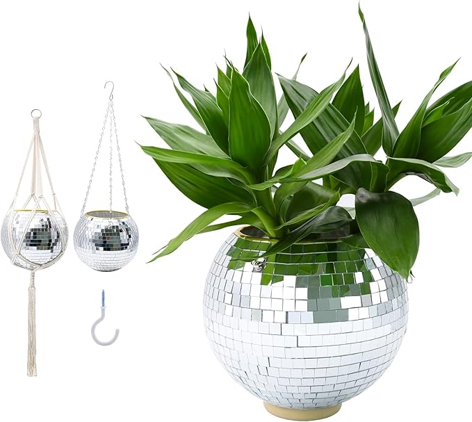 Disco Ball Planter, 8" Silver Disco Ball Planter, Disco Ball Plant Hanger with Hanging Rope, Hanging Chain, Hook, Circle and Extra Mirror Pieces (8" Silver, 1pcs)