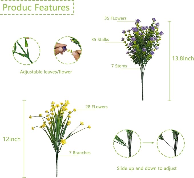 12 Bundles Fake Flowers, Artificial Flowers for Outdoors UV-Resistant No Fade Fake Plants for Planters Porch Home Garden Porch Patio Decoration Outdoor Indoor – Fall & Summer Decor