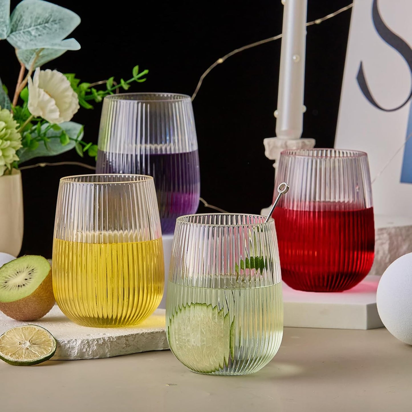 36 Pack Plastic Ribbed Wine Glasses, 15Oz Origami Disposable Wine Glasses Unbreakable Clear Plastic Cocktail Glasses Recyclable Shatterproof Reusable Wine Cups