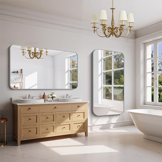 FORBATH 55x36 Inch Silver Bathroom Mirror for Over Sink, Large Rectangular Wall Mirror with Metal Frame, Rounded Corners for Bathroom, Bedroom, Entryway Decor (Horizontal or Vertical)