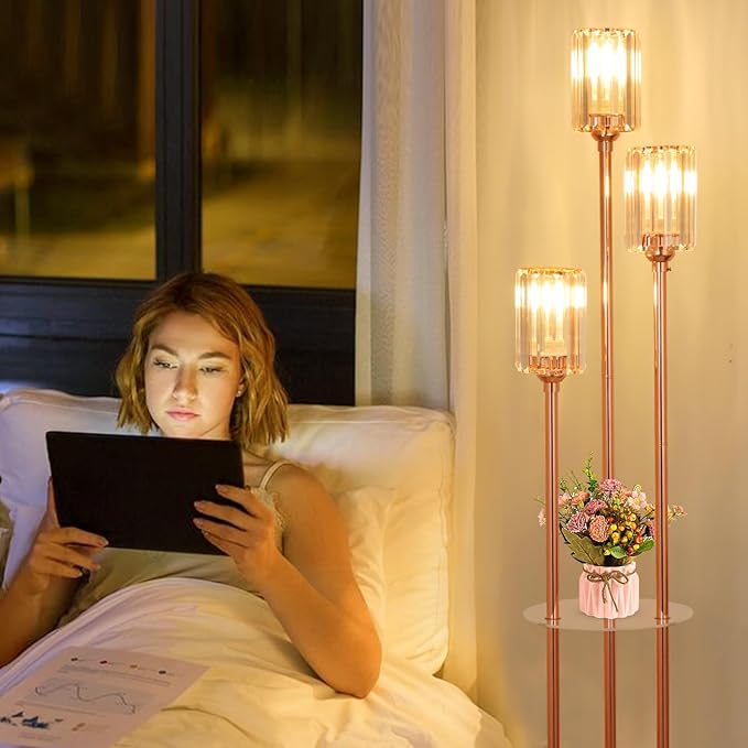 HMVPL Pink Floor Lamp for Living Room, Crystal Floor Lamp with Shelves, Girls Standing Lamp with Table, Modern Corner Lamp with On/Off Switch, Unique Tall Lamp for Bedroom Nursery Office