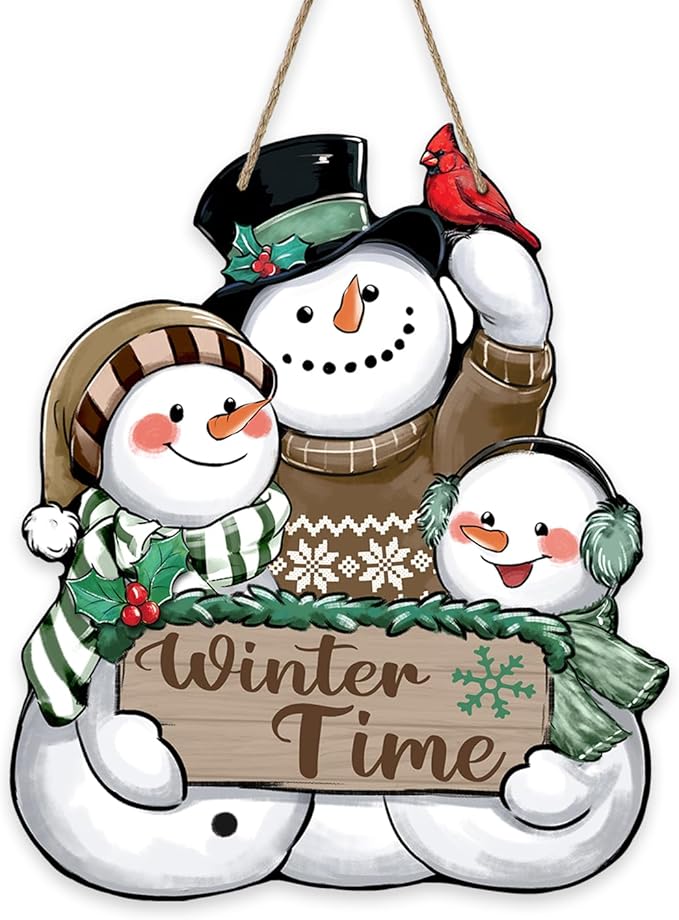 Winter Time Snowman Brown Front Door Sign, Cardinal Red Bird Wood Door Hanger Outdoor Outside Porch Decor, Christmas Seasonal Wooden Wreath Indoor Wall Hanging Decoration