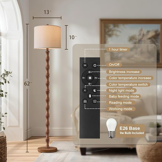 BOBOMOMO 62" Rustic Farmhouse Floor Lamp with Remote & Dimmable 9W Bulb, 3 Color Temperatures Tall Resin Standing Lamp, Retro Floor Lamp for Living Room, Bedroom, Office, Nursery, Reading Nock