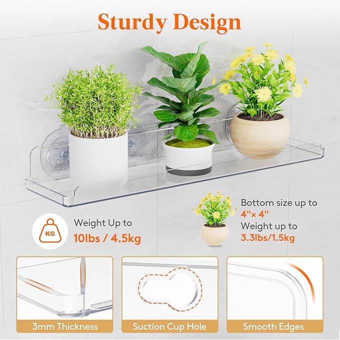 Lifewit Window Plant Floating Shelves 15 inch, 4 Pack Acrylic Suction Cup Shelf, Window Sill Extender for Indoor Succulent Plants, Micro Greens, Seed Starter Pots, Herb Planters