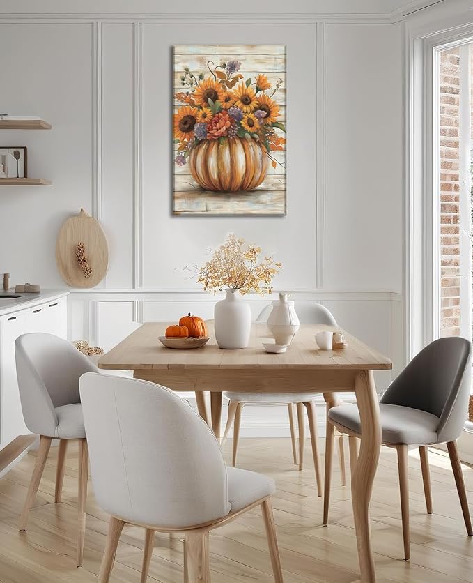 Pumpkin Wall Art Halloween Themed Canvas Wall Decor Sunflower Pictures Farmhouse Autumn Harvest Posters for Kitchen Bathroom Living Room Home Decor Frame - 16"x24"