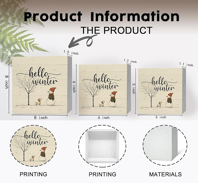 Hello Winter Sign, Christmas Snowman Snowflake Wooden Box Sign, Snowman Christma Decorations, Winter Christma Wood Signs for Home Office Desk Table Shelf Decor, 8x8 Inch