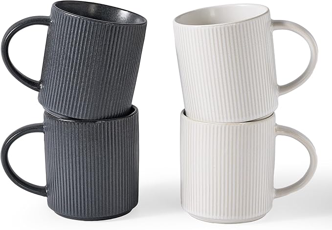 famiware Coffee Mug Set for 4, Star 16 oz Catering Mugs Cup Set with Handle for Coffee, Tea, Cocoa, Milk - Ceramic Stoneware Drinkware Set, Matte White + Matte Dark Charcoal