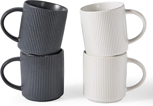 famiware Coffee Mug Set for 4, Star 16 oz Catering Mugs Cup Set with Handle for Coffee, Tea, Cocoa, Milk - Ceramic Stoneware Drinkware Set, Matte White + Matte Dark Charcoal