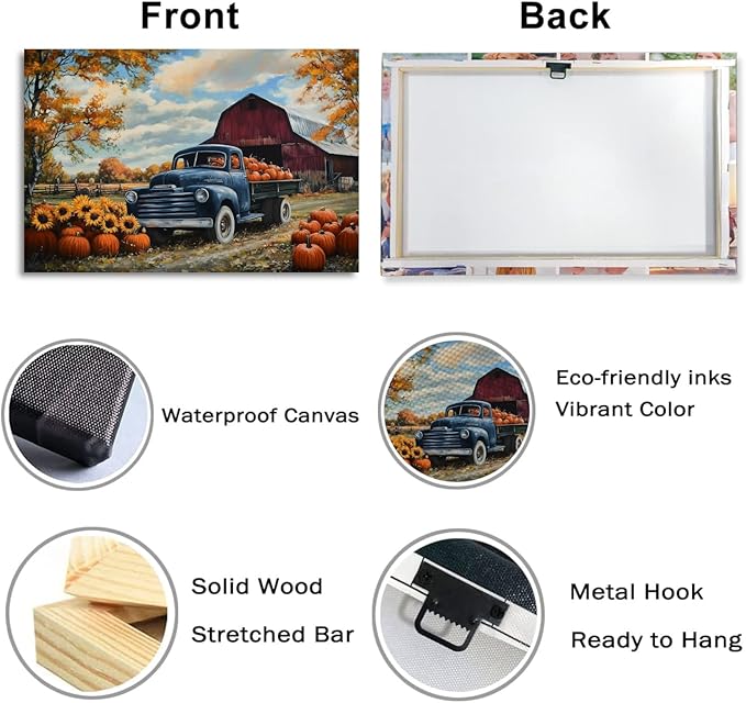 Autumn Wall Art Pumpkin Canvas Wall Decor Rustic Farmhouse Blue Truck Picture Fall Harvest Painting Vintage Artwork for Dining Room Living Room Bedroom Home Halloween Decor(Art-2,12.00"x18.00")