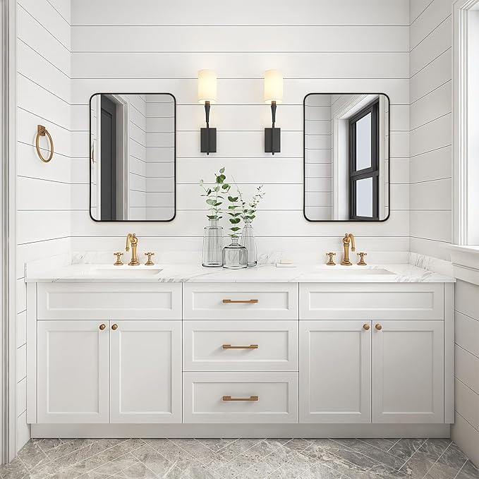 Wall Mount Mirror for Bathroom, Brushed Black Metal Framed Rounded Corner Rectangular Vanity Mirror (18" x 24", Black)