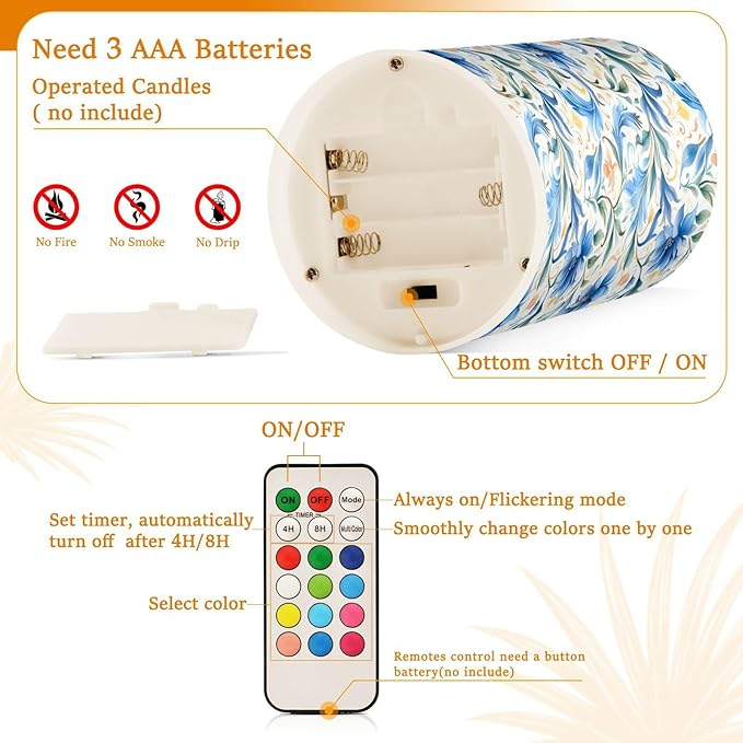 ALAZA Flowers Floral Blue Flickering Flameless Candles Battery Operated with Remote Timer,Tea Light Candles LED Pillar Votive Candles Set of 2 for Outdoor Indoor Decorations