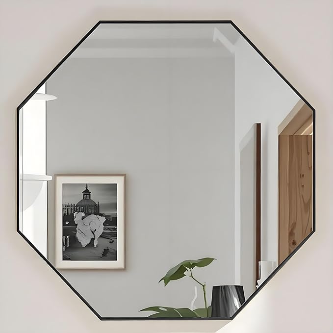 Octagon Mirror for Wall 24 Inch Black Metal Frame, Glassless Bathroom Mirrors for Over Sink, No Drill Adhesive Wall Decor for Entryway Vanity Living Room Dining Room Bedroom