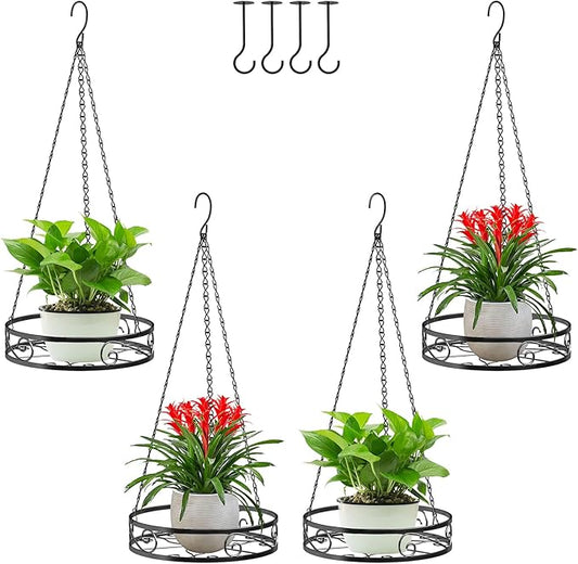 4-Pack Metal Hanging Planters for Outdoor Plants - Heavy Duty Hanging Baskets for Plants Outdoor with Chains and Long Hooks – Aesthetic Hanging Plant Holder for an Instant Indoor and Outdoor Decor