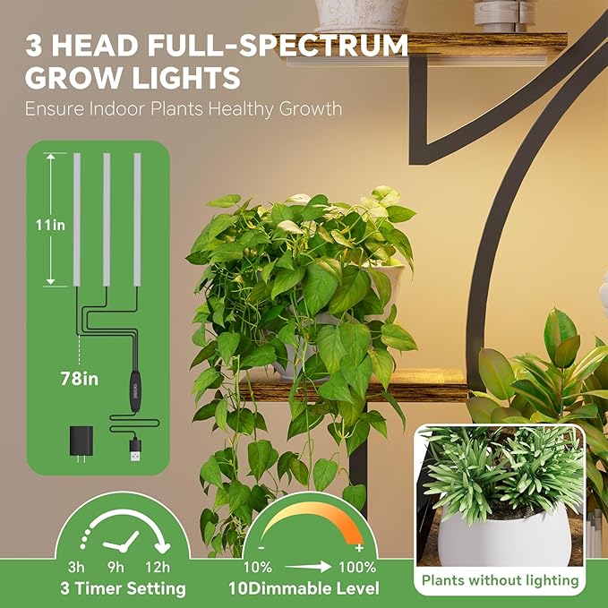 Simple Trending Plant Stand Indoor with Grow Lights, Heavy Duty 8 Tier Tall Plant Shelf for Plants Multiple, Metal Wood Plant Shelves Plant Display Holder for Garden, Black