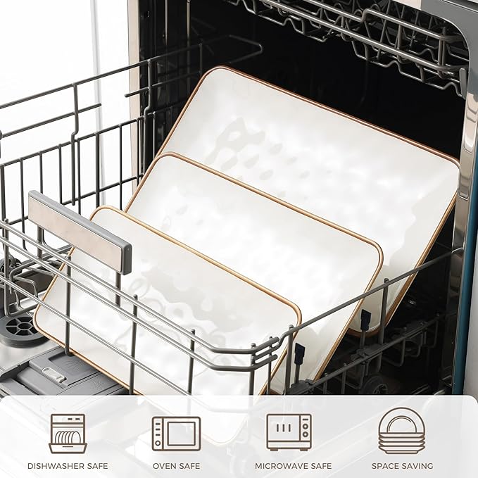 Ceramic Rectangle Serving Platter with Brown Rim: 15.6/14.1/12.6 Inch Large Serving Dishes for Entertaining Party, Turkey, Cheese, Sushi, Snack and Dessert, Microwave Dishwasher Safe