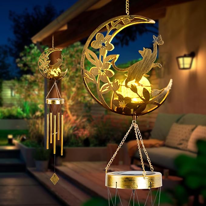 Cat Memories Wind Chime for Outside - Moon Design, Handcrafted Aluminum Wind Chimes for Garden Decor, Soothing Wind Bells for Porch/Patio, Perfect Housewarming/Birthday Gift for Women & Cat Owners