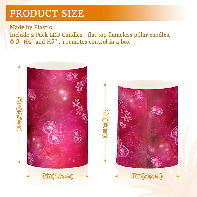 ALAZA Valentines Day Hot Pink Heart Flickering Flameless Candles Battery Operated with Remote Timer,Tea Light Candles LED Pillar Votive Candles Set of 2 for Outdoor Indoor Decorations