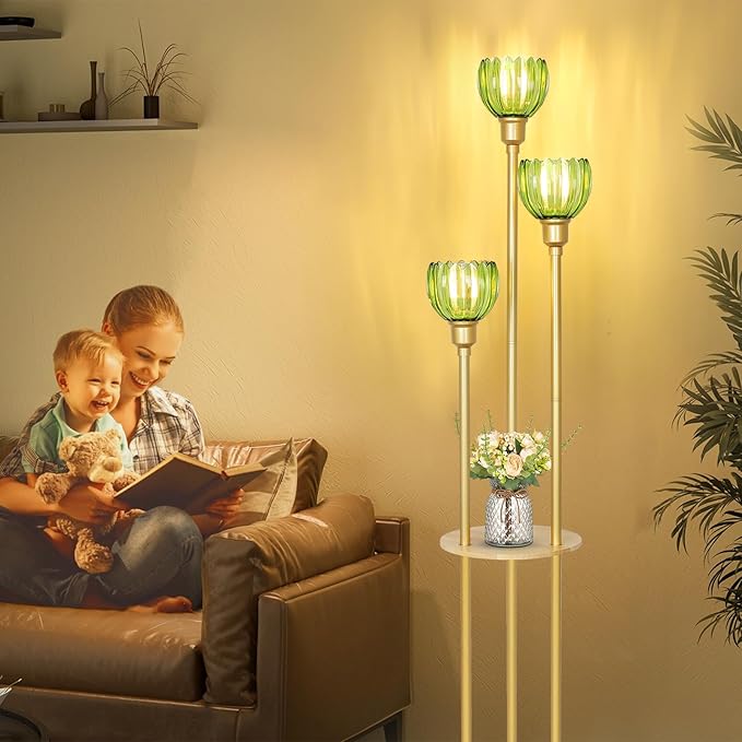 HMVPL MVPL Crystal Floor Lamp with Shelves,Floor Lamps for Living Room (Gold-Green Flower Shade, Glass)