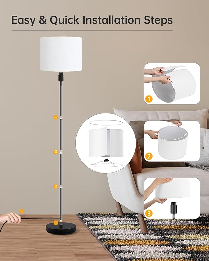 BoostArea Floor Lamps Standing Lamp, Modern 58" Tall Lamp with White Lampshade, Simple Small Pole Lamp for Bedroom, Pedal Switch, Black Small Lamps for Kid Room/Office/Reading Room(E26 Base, NO Bulb)