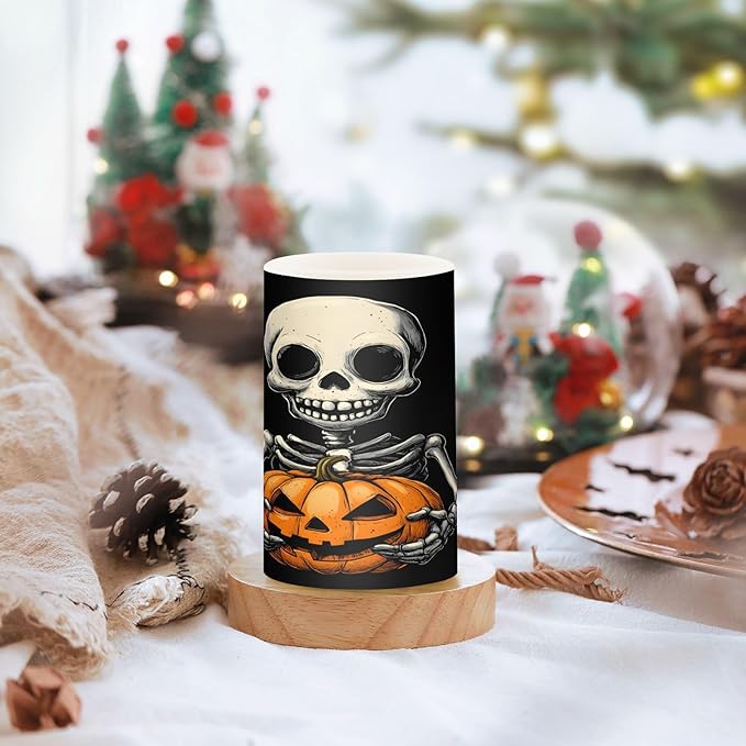 ALAZA Halloween Skeleton Skull Pumpkin Flickering Flameless Candles Battery Operated with Remote Timer,Tea Light Candles LED Pillar Votive Candles Set of 2 for Outdoor Indoor Decorations