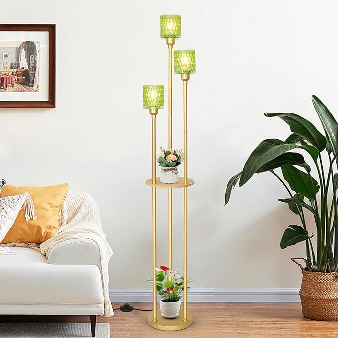 HMVPL MVPL Crystal Floor Lamp with Shelves,Floor Lamps for Living Room (Gold-Green Straight, Glass)