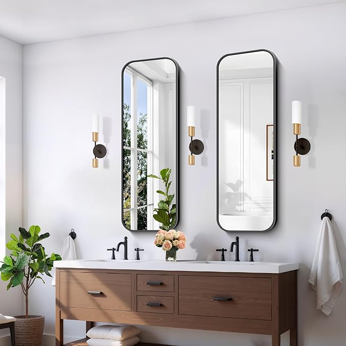 FORBATH Bathroom Mirror 48" x 16", Rectangle Black Bathroom Mirror with Black Aluminum Frame Rounded Corner, Wall Mounted Mirror for Bedroom Entryway Living Room
