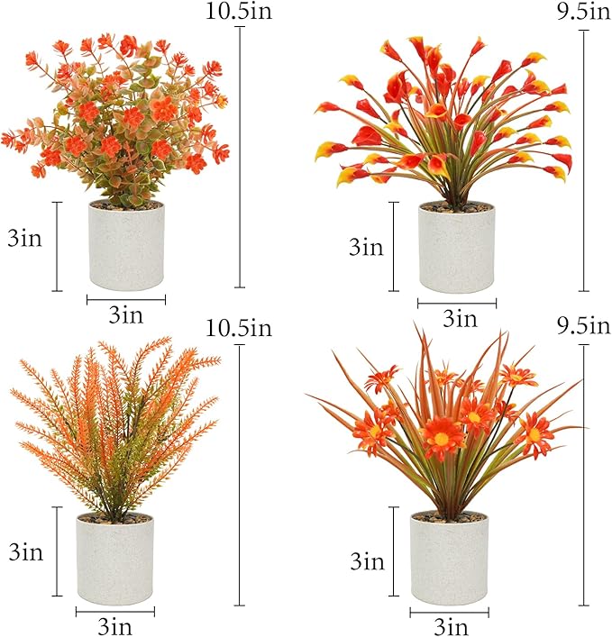 4 Pcs Small Potted Artificial Plants 10inch Fake Fall Plants in Pots Mini Faux Fall Flowers with Pots for Indoor Home Bathroom Bedroom Office Shelf Tabletop Fall Decor