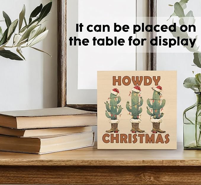 Howdy Christmas Western Cactus Cowgirl Boots Wooden Box Sign, Country Christmas Wood Signs For Home Office Desk Shelf Table Decor, Western Decorations, 8x8 Inch