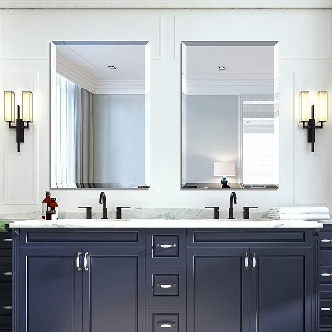 Mirrorons Beveled Mirror, Bathroom Mirrors for Wall 24" x 36", Frameless Rectangle Bathroom Mirror with Beveled Edge, Hangs Horizontally or Vertically, Upgraded Packing