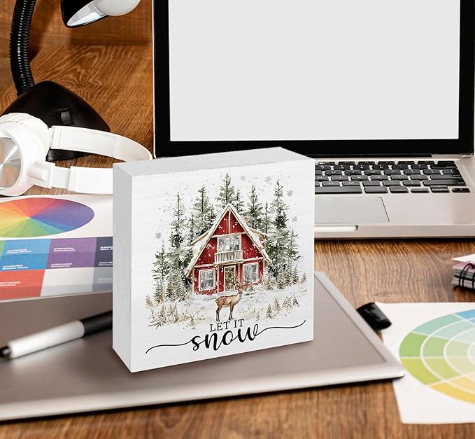 Let It Snow Sign, Winter Christmas Wooden Box Sign, Farmhouse Christmas Decorations, Farmhouse Winter Reindeer Wood Signs For Home Office Desk Table Shelf Decor, 8x8 Inch