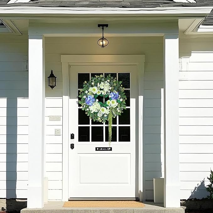 26" Hydrangea & Eucalyptus Wreath for Front Door, Porch, Window - Large Artificial Silk Flowers Outdoor Wreath for Home, Farmhouse, Wedding Decor - Spring, Summer, All Seasons (White&Purple)