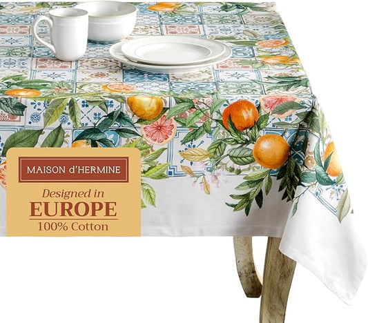 Maison d' Hermine Table Cloth Square Table 100% Cotton 60 x 60 Inches Tablecloth Reusable Decorative Everyday Use for Dining Room, Farmhouse, Home, Party, Festive & Wedding Spring Summer - Agrume
