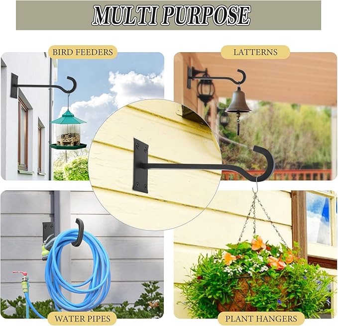 10inch Heavy Duty Plant Hangers Outdoor or Indoor Bird Feeder Hanger Shepherd Hooks 2pcs Black Metal Wall Hook for Hanging Plant Bracket, Lantern, Flower Basket, Wind Chimes