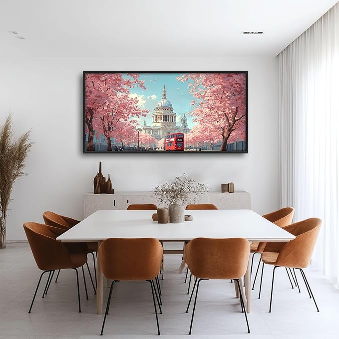 England London Paul’s Cathedral Large Wall Art Cityscape Cherry Blossom Pictures Wall Decor Street Scene Canvas Spring Print Painting Modern Artwork Home Decoration for Living Room Bathroom Bedroom Office Framed 60"x30"