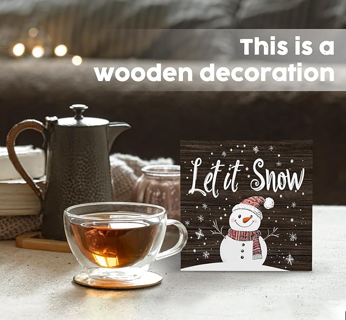 Let It Snow Sign, Christmas Snowman Snowflake Wooden Box Sign, Snowman Christmas Decorations, Winter Wood Signs for Home Office Desk Table Shelf Decor, 5x5 Inch