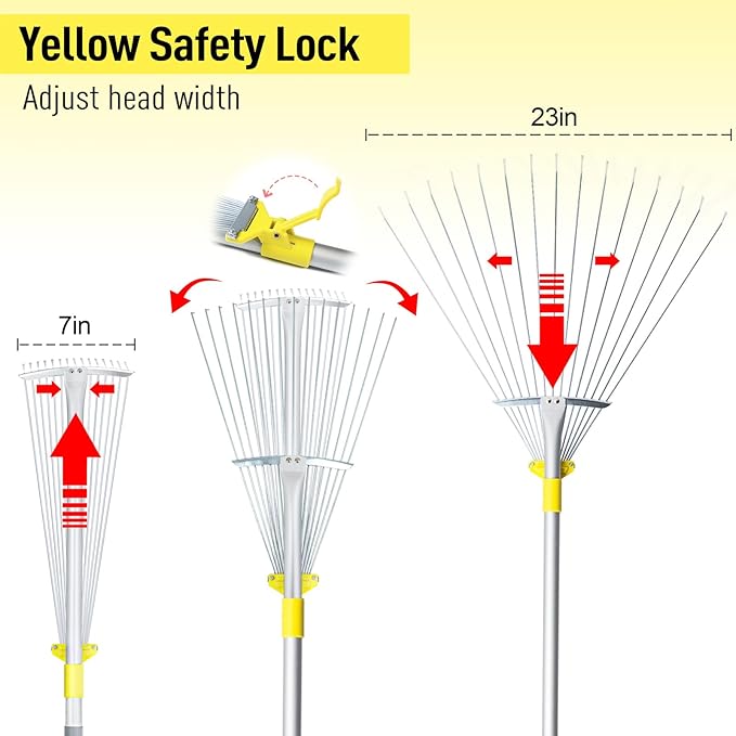 JARDINEER Adjustable Metal Leaf Rake, for Leaves Shrubs and Small Areas in Garden, Yard, Lawn, with Expandable Head 7-23", for Men Women Kids