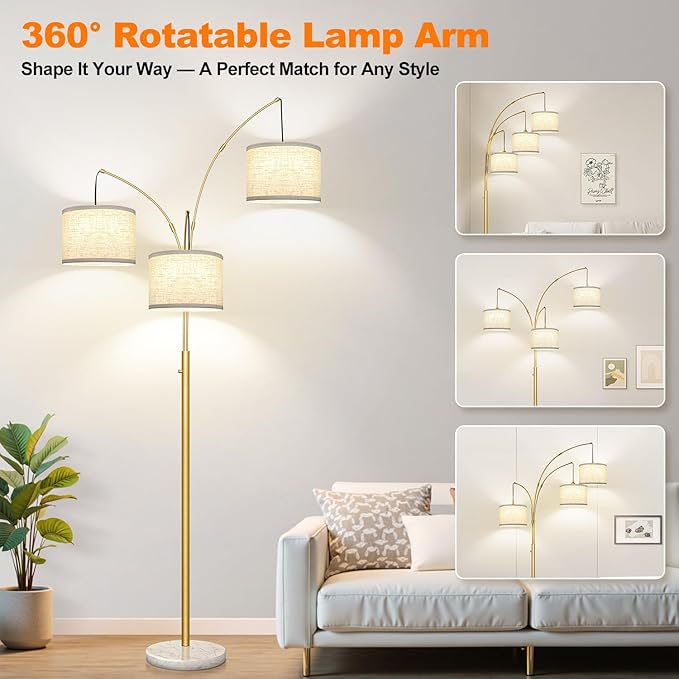 Dimmable Floor Lamp - 3 Lights Gold Arc Floor Lamps for Living Room, 1000LM Modern Tall Standing Lamp with White Shade&Marble Base, Mid Century Tree Floor Lamp for Bedroom Office, 3 LED Bulbs Included