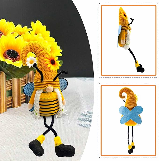 Lovinland Spring Decorations for Home - Honey Bumble Bee Sunflower Plush Stuffed Gnomes Doll - Summer Gnome Gifts for Women - Bee Decor Indoor