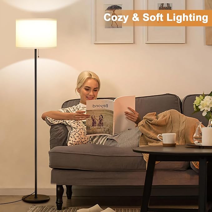 Ambimall Floor Lamps for Living Room with 3 Color Temperatures Bulb & Pull Chain Switch, 60" Modern Standing Floor Lamp for Bedroom Kids Room Study Room（White Shade & Black Pole）