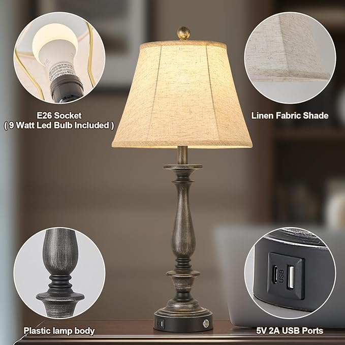 AIDENOEY 28.5" Traditional Table Lamp Set of 2, Rustic Farmhouse Table Lamps for Living Room Bedroom, Bedside Desk Lamps Vintage Nightstand Lamps with Silk Fabric Shades, Antique Silver Table Lamp