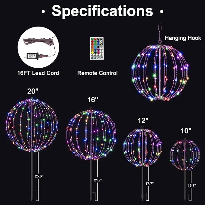 Christmas Ball Sphere, 20IN 200LED Hanging Tree and Pathway Light With Hook and Stake, Foldable Metal Frame Ball for Outdoor Garden, UL Listed, Brown Frame, RGB
