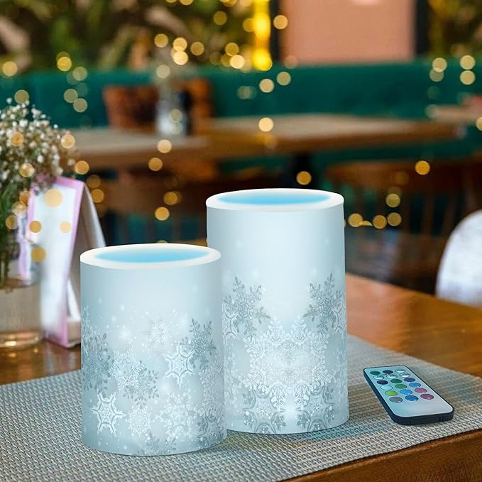 ALAZA Silver Winter Abstract Snowflakes Christmas Flickering Flameless Candles Battery Operated with Remote Timer,Tea Light Candles LED Pillar Votive Candles Set of 2 for Outdoor Indoor Decorations