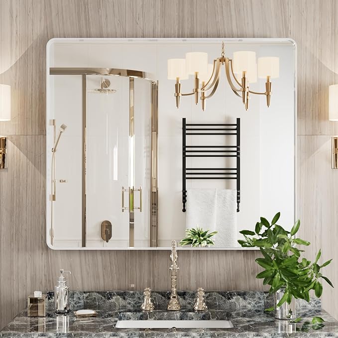 White Bathroom Mirror 30x36 Inch, White Metal Framed Bathroom Mirror for Wall, Rounded Rectangle Matte Bathroom Vanity Mirror, Tempered Glass, Anti-Rust, Horizontal/Vertical