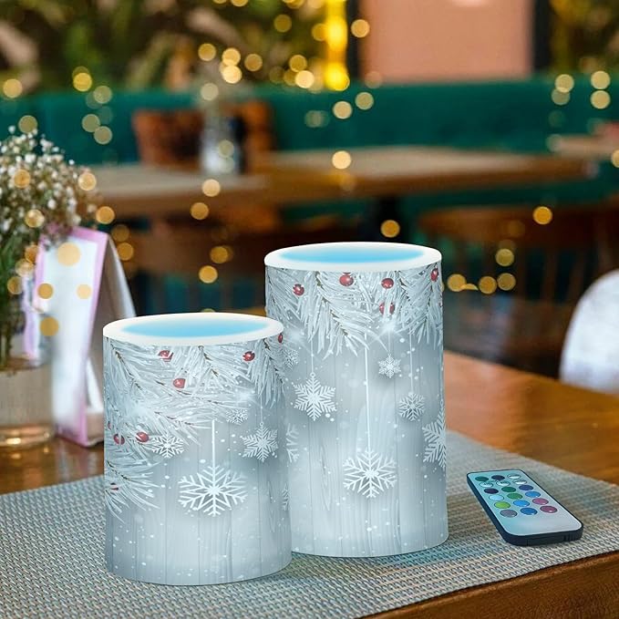 ALAZA Silver Christmas Tree Snowflake Flickering Flameless Candles Battery Operated with Remote Timer,Tea Light Candles LED Pillar Votive Candles Set of 2 for Outdoor Indoor Decorations