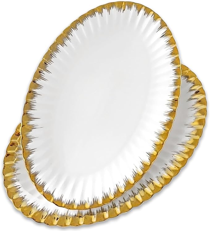 Serving Platters, Ceramic Oval Serving Platters,12 Inch Serving Dishes/Trays for Party Entertaining, Porcelain White Dinner Plates with Gold Trim for Sandwich, Appetizer, Fruit, Desserts, Set of 2