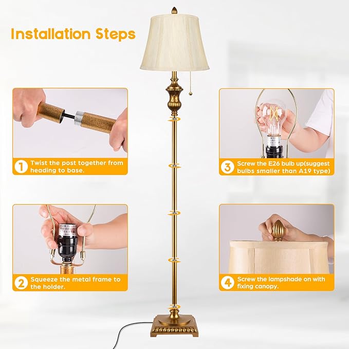 Gold Vintage Floor Lamp for Living Room, Traditional Mid-century Floor Lamp with Elegant Silk Fabric Lampshade, 64inch Tall Standing Lamp Bedroom LED Pole Lamp, Retro Stand Up Lamp for Home Office