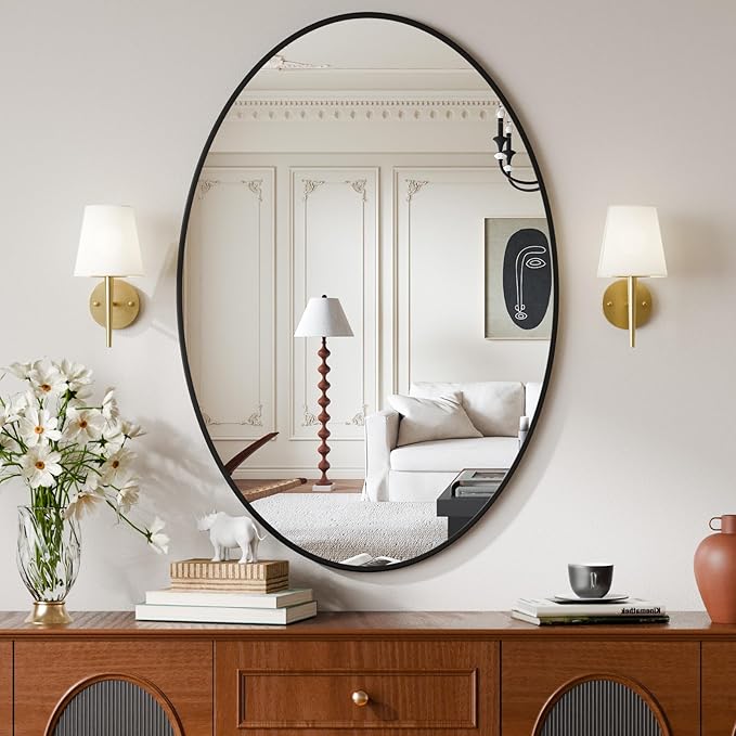 26"x38" Oval Bathroom Mirror with Black Metal Frame - Hanging or Leaning Oval Wall Mirror for Bathroom, Bedroom, Living Room, Entryway