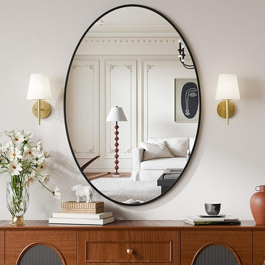26"x38" Oval Bathroom Mirror with Black Metal Frame - Hanging or Leaning Oval Wall Mirror for Bathroom, Bedroom, Living Room, Entryway