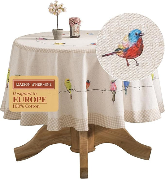Maison d' Hermine Table Cloth Round Table 100% Cotton 69 Inches Tablecloth Reusable Decorative Everyday Use for Dining Room, Farmhouse, Home, Party, Festive & Wedding Spring Summer - Birdies On Wire
